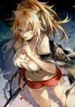  1girl animal_ears arknights black_jacket black_nails blonde_hair breasts collar collarbone commentary_request fur-trimmed_jacket fur_trim hair_between_eyes hand_up highres holding holding_lollipop holding_weapon jacket jacket_on_shoulders lion_ears lion_tail long_hair nail_polish open_mouth red_shorts sanbabasanba shadow short_shorts shorts siege_(arknights) solo tail tank_top tongue tongue_out weapon white_tank_top yellow_eyes 