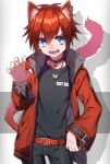  1boy :o animal_ears belt black_choker black_pants black_shirt blue_eyes cat_day cat_ears cat_tail choker ear_piercing fangs hair_between_eyes hand_up highres ikurikaito jacket jewelry looking_at_viewer male_focus necklace original pants paw_pose piercing red_hair red_jacket shadow shirt simple_background standing tail 