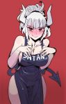  1girl apron arms_up bare_arms bare_hips bare_legs bare_shoulders bare_thighs black_apron black_tail blush bow_(bhp) breasts clothes_writing commentary demon_girl demon_horns demon_tail full-face_blush hands_on_own_breasts helltaker horns large_breasts looking_at_viewer lucifer_(helltaker) medium_hair mole mole_under_eye naked_apron no_bra no_legwear no_panties no_undershirt ponytail red_background red_eyes short_hair simple_background smile solo sweat sweatdrop tail thick_thighs thighs white_hair white_horns 