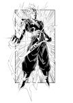  1boy absurdres artist_name boots clenched_hands dougi dragon_ball dragon_ball_z electricity fenyon full_body gloves greyscale halftone highres male_focus monochrome muscular muscular_male simple_background solo spiked_hair super_saiyan vegetto white_background 