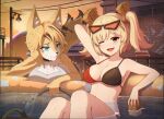  2girls animal_ears arm_up bikini black_bikini black_choker blonde_hair body_fur breasts brick_wall building burnice_white cat_ears cat_girl cat_tail choker cleavage cleavage_cutout closed_mouth clothing_cutout collarbone eyewear_on_head green_eyes hair_ornament hand_on_own_face highres holding knees_up large_breasts long_hair looking_at_another looking_at_viewer medium_hair multicolored_bikini multiple_girls navel navel_peek orange_eyes orange_sky pool pulchra_fellini red_bikini serval sitting sky smile sunglasses sunset swimsuit tail tank_top tenescross twintails white_tank_top wire writing writing_on_wall yellow_fur zenless_zone_zero 