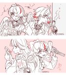  2boys 2girls absurdres angel_wings blazer bow cenemii crack cracked_wall gun handgun highres inukai_komugi jacket love-bullet monochrome multicolored_hair multiple_boys multiple_girls necktie nekoyashiki_yuki pink_background ponytail precure simple_background smile streaked_hair submachine_gun sweatdrop toyama_daifuku uzi weapon white_hair wings yuunagi_tsubasa 