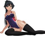  1girl alternate_costume bare_shoulders black_hair black_legwear blush competition_swimsuit dark_skin embarrassed eyebrows_visible_through_hair foot_out_of_frame green_ribbon hair_ribbon highres houshou_(kantai_collection) kantai_collection kinakomochi_(testament05) long_hair looking_at_viewer one-piece_swimsuit ponytail ribbon simple_background solo swimsuit tan tanline thighhighs white_background 