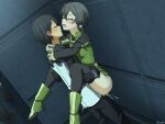  1boy 1girl asada_shino augma black_gloves black_hair black_pants black_thighhighs clenched_teeth closed_eyes clothes_lift commission cum dress dress_lift drooling glasses gloves green_dress green_shoes hair_ribbon hetero highres implied_sex kirito motion_lines mysteryctu open_mouth pants pixiv_commission ribbon rimless_eyewear sex shoes short_dress short_hair sidelocks signature standing standing_sex straddling sword_art_online teeth thighhighs upright_straddle white_ribbon 