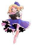  1girl alice_margatroid alice_margatroid_(pc-98) alphes_(style) bare_arms blonde_hair blue_hairband blue_ribbon blue_skirt blush bobby_socks book commentary_request dairi frilled_skirt frills full_body grimoire_of_alice hair_between_eyes hairband holding holding_book large_variant_set leg_up open_book parody parted_bangs puffy_short_sleeves puffy_sleeves ribbon shirt short_hair short_sleeves skirt socks solo style_parody tachi-e touhou touhou_(pc-98) transparent_background variant_set white_shirt white_socks 