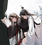  2boys absurdres against_tree aninsigsi bdsm bishounen black_hair black_hanfu bound bound_wrists chinese_clothes closed_mouth clothes_pull crying crying_with_eyes_open hair_down hair_ribbon half_updo hanfu highres hug hug_from_behind implied_sex korean_commentary lan_wangji leaf long_hair long_sleeves looking_at_another looking_at_viewer male_focus modao_zushi multiple_boys official_alternate_hairstyle pants pants_pull parted_lips red_eyes red_ribbon ribbon ribbon_bondage robe sex sex_from_behind sitting tears topknot tree twitter_username very_long_hair watermark wei_wuxian wei_wuxian_(yiling_laozu) white_hanfu white_ribbon wide_sleeves xiao_guan_(headdress) yaoi yellow_eyes 