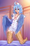  2:3 absurd_res amber_eyes anxiety-chan avian blue_hair breasts clothing european_mythology greek_mythology hair harpy hat headgear headwear hi_res kneeling looking_at_viewer medical_instrument monster_girl_(genre) monster_musume mythological_avian mythology nurse nurse_hat nurse_uniform papi_(monster_musume) scientific_instrument small_breasts stethoscope uniform wings 