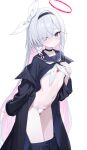  1girl black_choker black_coat black_eyes black_hairband black_sailor_collar black_serafuku black_shirt black_skirt blue_archive blush bow bra breasts choker closed_mouth clothes_lift clothes_pull coat commentary_request hair_bow hair_over_one_eye hairband highres kitano_yukito lifting_own_clothes long_hair long_sleeves looking_at_viewer navel neckerchief nose_blush open_clothes open_coat panties plana_(blue_archive) sailor_collar school_uniform serafuku shirt shirt_lift simple_background skirt skirt_pull small_breasts solo standing stomach thighs underwear very_long_hair white_background white_bow white_bra white_hair white_neckerchief white_panties 
