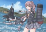  1girl a6m2-n a6m_zero absurdres adapted_turret aircraft airplane arm_up black_gloves black_jacket commentary_request cowboy_shot floatplane gloves green_eyes grey_sailor_collar grey_skirt hair_flaps hair_ribbon highres jacket japan_maritime_self-defense_force japan_self-defense_force js_raigei_(ss-516) kantai_collection long_hair military military_vehicle neck_ribbon open_mouth partially_fingerless_gloves pink_hair pleated_skirt ponytail propeller_fighter red_ribbon ribbon rigging sailor_collar seaplane shikabiscuit short_sleeves side_ponytail skirt smokestack submarine twitter_username very_long_hair watercraft yura_(kancolle) yura_kai_ni_(kancolle) 