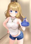  1girl absurdres aged_up ahoge blue_eyes blue_shorts blush breasts brown_hair closed_mouth cowboy_shot denim denim_shorts hand_on_own_hip highres holding idolmaster idolmaster_million_live! indoors jewelry long_hair midriff_peek navel necklace pout short_shorts shorts sleeveless sleeveless_sweater solo standing suou_momoko sweater tanukiinu005 turtleneck turtleneck_sweater 