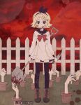  1girl black_bow black_eyes black_sailor_collar black_thighhighs blonde_hair blood blood_on_face blood_on_knife blood_splatter boots bow bowtie brown_boots closed_mouth dot_nose dress empty_eyes expressionless fence flower_pot full_body grass hair_bow hair_ornament hairclip highres holding holding_knife holding_shovel kagamine_rin knife red_bow red_bowtie red_sky sailor_collar short_hair shovel signature sky solo thighhighs treebarkagain vocaloid white_dress yellow_trim 
