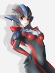 1girl \m/ aiueo8371 alternate_skin_color animification armor armored_bodysuit black_bodysuit black_hair blush bodysuit breasts color_timer commentary contrapposto cosplay covered_navel cowboy_shot cut_bangs dark_persona drop_shadow gradient_hair hand_on_own_hip headgear highres humanization legs_together long_hair looking_at_viewer medium_breasts minato_asahi multicolored_bodysuit multicolored_hair parted_lips red_bodysuit red_eyes red_hair self_cosplay shoulder_armor shoulder_pads simple_background skin_tight solo standing teeth tokusatsu two-tone_bodysuit two-tone_hair ultra_galaxy_(series) ultra_galaxy_fight:_the_destined_crossroad ultra_series ultrawoman_grigio_darkness ultrawoman_grigio_darkness_(cosplay) white_background 