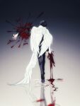  1boy black_hair blood chino_(sky_tanosi) feathered_wings from_behind full_body gradient_background highres indoors male_focus multiple_wings original reflection reflective_water ripples severed_arm severed_limb short_hair solo walking water white_wings wings 