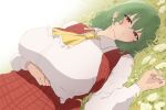  1girl arm_under_breasts ascot breasts collared_shirt dutch_angle english_commentary frilled_ascot frills grass green_hair highres huge_breasts kazami_yuuka light_blush long_sleeves looking_at_viewer lying medium_hair moriforest1040 on_back on_grass parted_lips plaid_clothes plaid_skirt plaid_vest red_eyes red_skirt red_vest shirt skirt solo touhou vest white_shirt yellow_ascot 