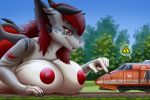  anthro big_breasts breast_rest breast_squish breasts detailed_background digital_media_(artwork) dragon female furrypur grey_body hair hi_res horn huge_breasts larger_female lying macro markings nipples nude on_front outside pictographics red_hair side_view size_difference solo spikes squish train vehicle wings 