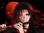  1boy aninsigsi bishounen black_hair black_hanfu chinese_clothes dizi falling_petals flute full_body full_moon glowing glowing_eyes hair_down hair_ribbon half_updo hanfu highres holding holding_flute holding_instrument instrument korean_commentary long_hair looking_at_viewer male_focus modao_zushi moon music night official_alternate_hairstyle parted_lips petals playing_instrument portrait red_eyes red_moon red_petals red_ribbon ribbon smile solo transverse_flute upper_body wei_wuxian wei_wuxian_(yiling_laozu) 