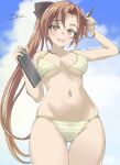  1girl akigumo_(kancolle) ass_visible_through_thighs bikini blue_sky bow breasts brown_bow brown_eyes brown_hair cloud dated drawing_tablet gakky hair_bow highres holding holding_stylus kantai_collection long_hair medium_breasts navel signature sky solo striped_bikini striped_clothes stylus swimsuit thigh_gap yellow_bikini 