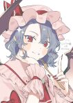  1girl ascot bat_wings bow collared_shirt fingernails fork frilled_shirt_collar frills grin hashtag-only_commentary hat hat_ribbon highres holding holding_fork index_finger_raised laspberry. looking_at_viewer mob_cap pink_hat pink_shirt red_ascot red_bow red_eyes red_nails red_ribbon remilia_day remilia_scarlet ribbon shirt short_hair smile solo touhou upper_body wings wrist_cuffs 