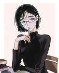  1girl alien_stage black_hair black_shirt bob_cut book book_stack border chair commentary_request glasses highres holding holding_pen long_sleeves looking_to_the_side official_alternate_costume on_chair parted_lips pen pen_to_mouth pink_background purple_eyes rectangular_eyewear roru_(lol_dessin) shirt short_hair sitting solo sua_(alien_stage) turtleneck turtleneck_shirt white_border 