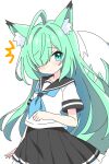  1girl ^^^ ahoge animal_ear_fluff animal_ears black_sailor_collar black_skirt blue_neckerchief blush closed_mouth commentary_request cowboy_shot dot_nose fox_ears fox_girl fox_tail frilled_skirt frills furrowed_brow green-haired_fox_girl_(kotatsu-mazoku) green_eyes green_hair hair_over_one_eye highres kotatsu-mazoku long_hair looking_at_viewer neckerchief original pleated_skirt sailor_collar school_uniform serafuku shirt short_sleeves simple_background skirt solo tail white_background white_shirt 