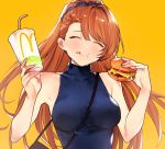  1girl asymmetrical_bangs bag bangs bare_shoulders beatrix_(granblue_fantasy) blue_scrunchie blue_shirt blush breasts brown_hair chewing closed_eyes cup disposable_cup drink drinking_straw eating eyebrows_visible_through_hair food granblue_fantasy hamburger handbag high_ponytail highres large_breasts licking_lips long_hair mcdonald&#039;s ponytail remora180 scrunchie shirt sleeveless sleeveless_shirt swept_bangs tongue tongue_out turtleneck upper_body yellow_background 