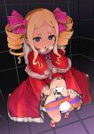  bathroom beatrice_(re:zero) blonde_hair blue_eyes bow capelet clothes_pull dark drill_hair fur-trimmed_capelet fur_trim hair_bow heart heart-shaped_pupils heart_in_eye highres open_mouth panties panty_pull pantyhose pantyhose_pull pee peeing pink_pupils pink_ribbon re:zero_kara_hajimeru_isekai_seikatsu red_capelet ribbon ringlets sidelocks sitting steam striped_clothes striped_pantyhose symbol-shaped_pupils symbol_in_eye thighs tile_floor tile_wall tiles tmsanai toilet toilet_use twin_drills underwear white_panties 