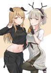  2girls absurdres antlers arknights bangs beige_background black_gloves black_hairband black_legwear black_pants black_sweater blush breasts brown_eyes brown_hair commentary_request cowboy_shot crop_top dress eyebrows_visible_through_hair firewatch_(arknights) gloves grey_dress grey_eyes hairband hand_on_hip hand_up hands_up highres horns index_finger_raised long_hair long_sleeves looking_at_viewer mango_(mgo) medium_breasts meteorite_(arknights) midriff multiple_girls navel own_hands_together pants parted_lips ponytail shirt short_ponytail short_sleeves silver_hair smile standing standing_on_one_leg steepled_fingers stomach sweater thighhighs turtleneck turtleneck_sweater two-tone_background white_background white_shirt 