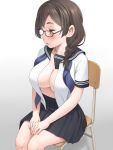  1girl black_sailor_collar black_skirt blush braid braided_ponytail breasts brown-framed_eyewear brown_hair chair commentary_request glasses gradient_background grey_background highres jimiko large_breasts meow_(nekodenki) on_chair open_clothes open_mouth open_shirt original pleated_skirt sailor_collar school_uniform serafuku shirt sitting skirt solo white_shirt 