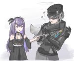  2boys black_choker black_dress black_hat choker commandant_(pgr) detached_sleeves dress flower fork grey_hair hair_flower hair_ornament hairclip hat highres holding holding_fork holding_plate lithos_(pgr) long_sleeves mechabare multiple_boys plate punishing:_gray_raven purple_eyes purple_hair rhea_arm trap x_hair_ornament 