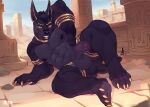 anthro anubian_jackal balls big_balls black_body black_fur canid canine canis claws detailed_background egyptian_architecture fangs foreskin fur genitals gold_(metal) hi_res hieroglyphics humanoid jackal jayzac male mammal nipples penis piercing red_eyes smile smiling_at_viewer solo teeth