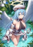  1girl akkijin angel angel_wings bare_shoulders belt beret blue_hair breasts covered_nipples elbow_gloves feathered_wings forest gloves green_eyes groin halo hat large_breasts light_rays long_hair looking_at_viewer nature no_panties official_art pelvic_curtain plant revealing_clothes shinkai_no_valkyrie sideboob skirt skirt_lift solo sunbeam sunlight thighs wading water watermark white_gloves white_headwear white_skirt wings 