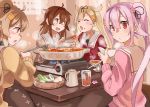  4girls ahoge alternate_costume blonde_hair bowl brown_eyes brown_hair brown_sweater chopsticks closed_eyes commentary_request cup drinking_glass eating feeding flower food food_on_face hair_flaps hair_flower hair_ornament hairband hairclip harusame_(kantai_collection) holding holding_bowl holding_chopsticks hotpot kantai_collection kotatsu light_brown_hair long_hair long_sleeves looking_at_viewer looking_back multiple_girls murasame_(kantai_collection) nabe neckerchief open_mouth pink_hair pink_sweater portable_stove pot red_eyes red_hairband red_serafuku remodel_(kantai_collection) sailor_collar school_uniform serafuku shiratsuyu_(kantai_collection) side_ponytail steam sugue_tettou sweater table twintails yuudachi_(kantai_collection) 