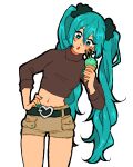  1girl acro-bike aqua_eyes aqua_hair aqua_nails belt black_belt brown_shirt brown_shorts hair_ornament hair_scrunchie hand_on_own_hip hatsune_miku heart_belt highres holding holding_ice_cream_cone ice_cream_cone long_hair midriff nail_polish navel open_mouth scrunchie shirt short_shorts shorts simple_background solo standing twintails vocaloid white_background 
