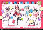  4girls :d absurdres animal_ears bad_girl_(manga) black_gloves blue_eyes blue_leotard boots bow bowtie breasts brown_hair character_request cleavage closed_mouth commentary_request contrapposto detached_collar fake_animal_ears fake_tail fishnet_thighhighs fishnets full_body gloves green_eyes green_hair heart heart_hands high_heels highleg highleg_leotard highres large_breasts leotard mary_janes medium_breasts mizutori_atori multiple_girls necktie off_shoulder official_art open_mouth orange_eyes partially_unzipped pink_leotard pink_necktie pink_shoes playboy_bunny promotional_art purple_bow purple_bowtie purple_eyes purple_hair purple_leotard purple_shoes rabbit_ears rabbit_pose rabbit_tail red_hair red_leotard ruriha_rura shoes smile standing standing_on_one_leg suzukaze_suzu tail tailcoat_playboy_bunny thigh_boots thighhighs traditional_bowtie white_shoes white_thighhighs white_wrist_cuffs wrist_cuffs yuutani_yuu 
