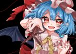  1girl bat_wings beni_hari1110 black_background black_wings blue_hair hat holding holding_scissors mob_cap pink_hat pink_shirt pointy_ears red_eyes remilia_scarlet scissors shirt short_hair simple_background solo string string_of_fate touhou upper_body wings 