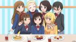  6+girls ;) bangs blonde_hair blush bow bowtie brown_eyes brown_hair character_request closed_eyes commentary_request cup drinking_glass drinking_straw ears flower food green_eyes hair_flower hair_ornament happy highres hitori_bocchi hitoribocchi_no_marumaru_seikatsu honshou_aru long_hair looking_at_viewer multiple_girls one_eye_closed pancake ponytail red_bow school_uniform shirt short_hair smile sotoka_rakita sunao_nako tenkawa_daisou v white_shirt 