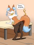  3_toes absurd_res anthro balls blue_body blue_eyes blue_fur bow bow_tie braixen butt davidsone dialogue english_text fluffy fluffy_tail fur furniture genitals hi_res male nintendo orange_body orange_fur pok&eacute;mon pok&eacute;mon_(species) solo speech_bubble stick table text toes video_games white_body white_fur 