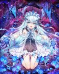 1girl bare_shoulders black_dress black_gloves blue_eyes blue_flower blue_hair blue_rose commentary_request commission dress flower frilled_dress frills gloves hair_ornament highres long_hair looking_at_viewer munlu_(wolupus) open_mouth original outstretched_arms rose sitting skeb_commission solo spread_arms teeth thighs watermark 