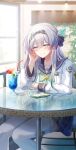  1girl absurdres arm_on_table black_hairband black_sailor_collar blue_pupils blush bow bowtie cellphone chair checkered_bow checkered_bowtie checkered_clothes cherry closed_mouth commentary_request cup drinking_straw elbow_on_table firefly_(honkai:_star_rail) firefly_(spring_missive)_(honkai:_star_rail) food fruit gradient_eyes gradient_hair green_bow green_bowtie green_pupils grey_hair grey_skirt hair_between_eyes hairband highres honkai:_star_rail honkai_(series) indoors long_hair looking_at_viewer memeiradesuyo multicolored_eyes multicolored_hair on_chair phone plaid_bow plaid_clothes plaid_skirt round_table sailor_collar school_uniform serafuku shirt sitting skirt smartphone smile solo table thighhighs thighs two-tone_eyes white_shirt white_thighhighs 