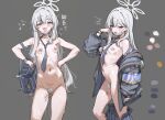  1girl 8_ni armpit_hair black_jacket blue_archive blue_necktie body_writing breasts clothes_pull female_pubic_hair grey_eyes grey_hair grey_halo halo jacket jacket_pull konoka_(blue_archive) lactation long_hair mask mask_pull mouth_mask necktie open_clothes open_jacket open_mouth pubic_hair pussy_juice small_breasts smile white_pubic_hair 