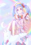  1girl :o absurdres bead_bracelet beads blue_eyes blue_hair blue_hat blue_shoes blue_skirt blue_sky blue_sleeves blunt_bangs bow bowtie bracelet brooch clenched_hands cloud cloud_daydreams_(infinity_nikki) cloud_print collared_shirt commentary_request crescent day dot_nose eyelashes frilled_gloves frilled_shirt frilled_sleeves frills full_body gloves hair_bow hat hat_ornament high-waist_skirt high_heels highres infinity_nikki jewelry knees_up lace-trimmed_skirt lace_trim light_blush light_particles long_hair looking_at_viewer miniskirt multiple_bracelets nikki_(series) open_mouth outdoors pink_gloves pink_hat pink_shirt pink_skirt pink_sleeves pink_thighhighs plaid_bow plaid_bowtie plaid_clothes puffy_short_sleeves puffy_sleeves pumps rainbow red_bow red_bowtie sarah_ang shirt shoes short_sleeves sidelocks sitting skirt sky solo star_(symbol) star_brooch star_hat_ornament striped_clothes striped_headwear striped_skirt striped_thighhighs suspender_skirt suspenders tareme thighhighs twintails two-tone_hat two-tone_skirt two-tone_sleeves unicorn vertical-striped_clothes vertical-striped_headwear vertical-striped_skirt vertical-striped_sleeves vertical-striped_thighhighs wavy_hair 