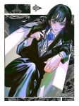  1girl ado_(utaite) black_hair black_jacket black_pants blue_eyes blue_flower blue_rose chando_(ado) closed_mouth commentary flower hashtag-only_commentary highres holding holding_flower jacket john_kafka long_hair long_sleeves no_mole pants rose shirt solo white_shirt 