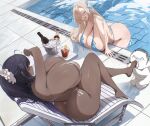  2girls alcohol ass asuna_(blue_archive) bikini black_hair blonde_hair blue_archive blue_bikini blue_eyes blue_ribbon blush breast_rest breasts champagne cleavage cup dark-skinned_female dark_skin drink drinking_glass hair_over_one_eye highres hth5k huge_ass huge_breasts ice_bucket karin_(blue_archive) licking licking_foot long_hair multiple_girls no_halo ponytail pool poolside ribbon scrunchie sensei_(blue_archive) sitting smile swimsuit thighs very_long_hair water white_bikini white_scrunchie yellow_eyes 