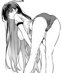  1girl ass bent_over blue_archive blunt_bangs breasts buruma cameltoe commentary covered_nipples gym_uniform hair_ornament hairclip halo highres large_breasts long_hair looking_at_viewer midriff monochrome panties panty_peek peko25jita rio_(blue_archive) simple_background solo underwear very_long_hair white_background 