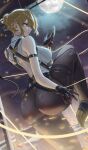  1girl absurdres arm_strap ass asymmetrical_gloves backless_shirt black_gloves black_pants blonde_hair blue_sky braid braided_bun breasts chest_strap cloud cloudy_sky collared_shirt dagger elbow_gloves evelyn_chevalier eyebrows_hidden_by_hair eyes_visible_through_hair full_moon gloves hair_bun high-waist_pants highres holding holding_dagger holding_knife holding_weapon knife large_breasts latex_pants leg_up long_hair looking_at_viewer moon moonlight pants purple_eyes purple_sky shirt sky sleeveless sleeveless_shirt solo standing star_(sky) string teeth thigh_strap thighs tight_clothes tight_pants tngtaku uneven_gloves weapon white_shirt zenless_zone_zero 