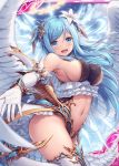  1girl :d akkijin angel angel_wings armpits bare_shoulders blue_eyes blue_hair breasts center_opening cloud elbow_gloves feathered_wings floating_hair flower frills gloves gold_trim hair_flower hair_ornament halo highleg large_breasts long_hair looking_at_viewer navel official_art open_mouth outstretched_arm revealing_clothes shinkai_no_valkyrie sideboob smile solo stomach thighhighs thighs two_side_up waist_cape watermark white_gloves white_legwear wings 