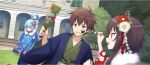  1boy 2girls aqua_(konosuba) blue_hair blue_kimono brown_hair building closed_eyes crossed_arms dutch_angle facepaint floral_print floral_print_kimono flower fur-trimmed_kimono fur_trim furisode game_cg grass green_eyes green_kimono hagoita hair_flower hair_ornament hair_rings hane_(hanetsuki) hanetsuki highres holding holding_paddle holding_paintbrush japanese_clothes kimono kono_subarashii_sekai_ni_shukufuku_wo! konosuba!_fantastic_days long_hair megumin multiple_girls new_year official_art open_mouth outdoors paddle paintbrush pink_flower print_kimono red_eyes red_flower red_kimono satou_kazuma short_hair_with_long_locks sidelocks small_sweatdrop smile sneezing third-party_source tree very_long_hair white_flower yukata 