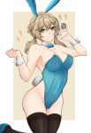  1girl absurdres alternate_breast_size alternate_costume animal_ears aqua_bow aqua_bowtie aqua_leotard bare_arms bare_shoulders black_thighhighs bow bowtie breasts brown_hair collarbone covered_navel cowboy_shot detached_collar fake_animal_ears fake_tail green_eyes hair_between_eyes hair_ornament hairclip highleg highleg_leotard highres holding holding_mahjong_tile honkai:_star_rail honkai_(series) large_breasts leotard long_hair mahjong_tile playboy_bunny qingque_(honkai:_star_rail) rabbit_ears rabbit_tail sierra117renner smile solo star_(symbol) strapless strapless_leotard tail thighhighs twintails wrist_cuffs 