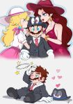  2boys 2girls after_kiss agua_mp arm_hug big_nose blonde_hair brown_hair cappy_(mario) girl_sandwich harem hat heart highres lipstick_mark lipstick_mark_on_ear lipstick_mark_on_face mario mario_(series) multiple_boys multiple_girls off_shoulder pauline_(mario) princess_peach sandwiched suit sun_hat super_mario_odyssey 