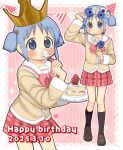  2025 birthday black_shoes blue_eyes blue_flower blue_hair blush bow brown_shoes cake crown cube_hair_ornament dated flower flower_wreath food fork fruit gingham_skirt hair_ornament happy_birthday highres holding holding_flower holding_fork holding_plate looking_at_viewer naganohara_mio naganoharamiomio nichijou paper_chain patterned_background pink_bow pink_skirt plate ponytail school_uniform shoes short_ponytail skirt smile strawberry strawberry_shortcake striped_background tokiwadai_school_uniform white_sleeve_cuffs 